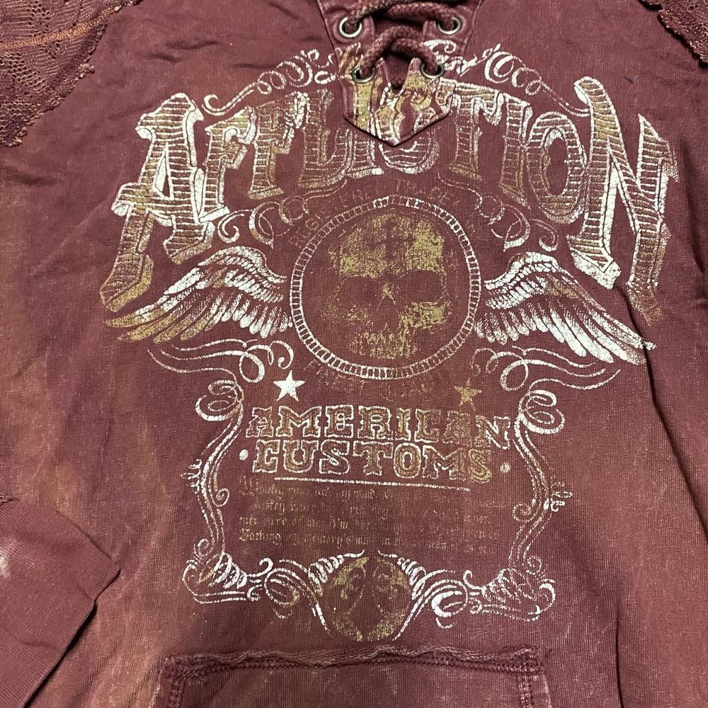 Affliction Hoodie Womens Large Maroon Lace V Neck Tie Y2K Skull Grunge Flaw Read - Picture 3 of 10